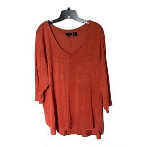 Tahari 100% Linen Rusty Orange V Neck 3/4 Sleeve Pullover Top Shirt Size 1X